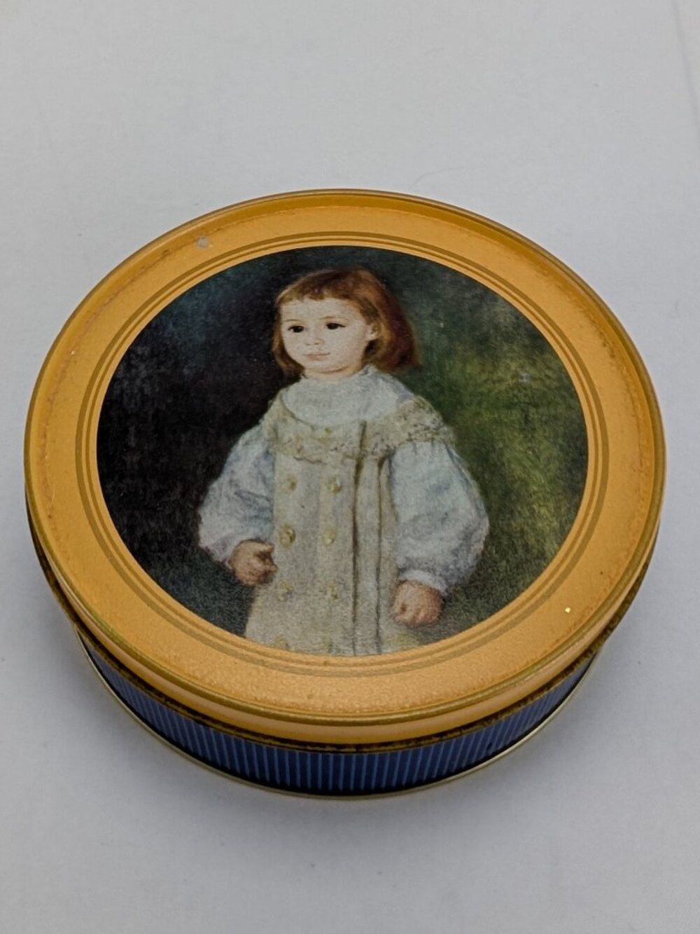 Vintage Renoir Art Tin Girl in White 6" Round Yellow Blue Metal Storage Decor